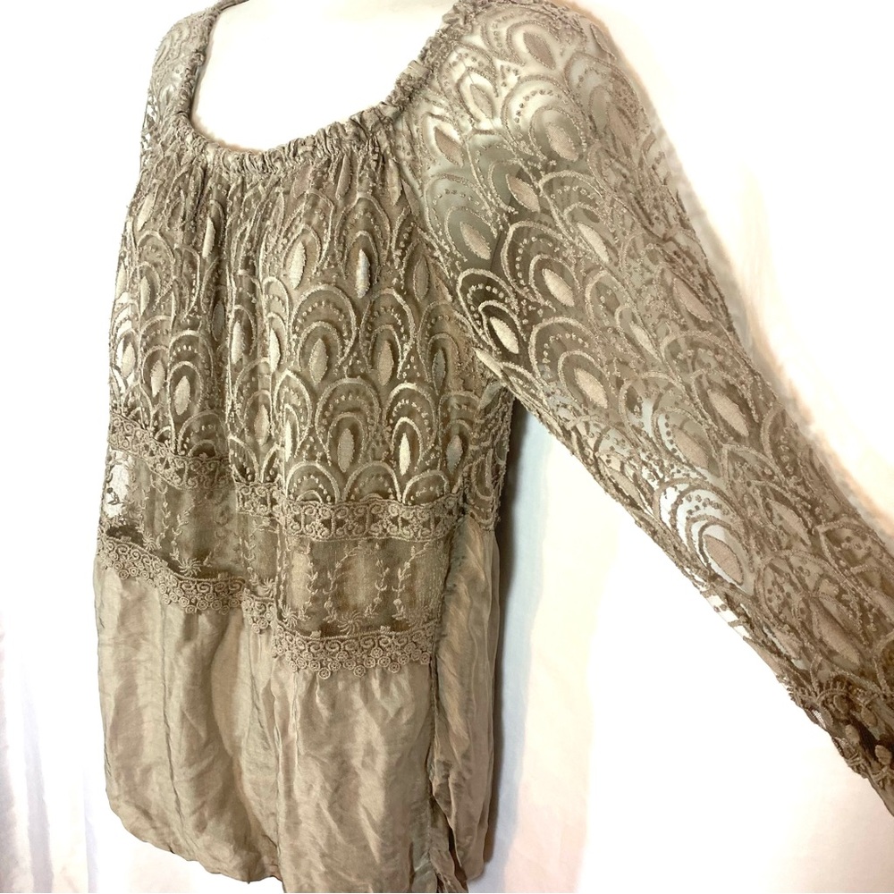LOLA Italy Silk Blend Taupe Lace Pullover Blouse - Picture 4 of 9